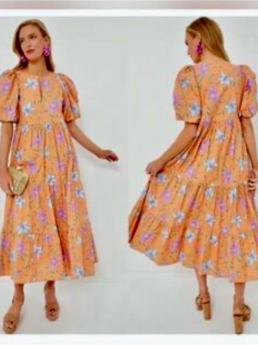 Floral Tiered Maxi Dress with Puff Sleeves in Peach